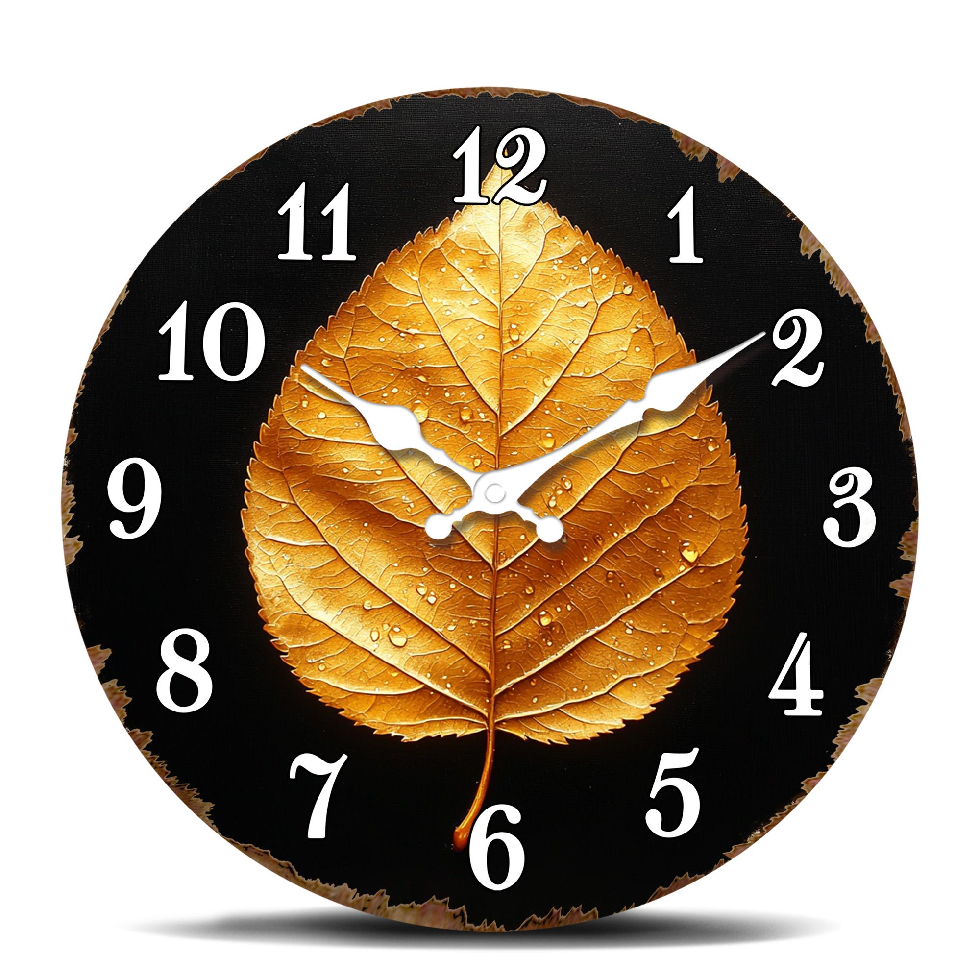 Golden Leaf on Black Round Wall Clock, Elegant Botanical Design Decorative Clock for Home Office 10 inch