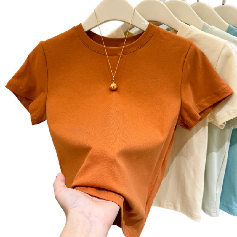 Summer Solid Color Spice Girl White Short-sleeved T-shirt Women's Korean Version Versatile Slim-fitting and Thin Round Neck Tight Bottoming Shirt