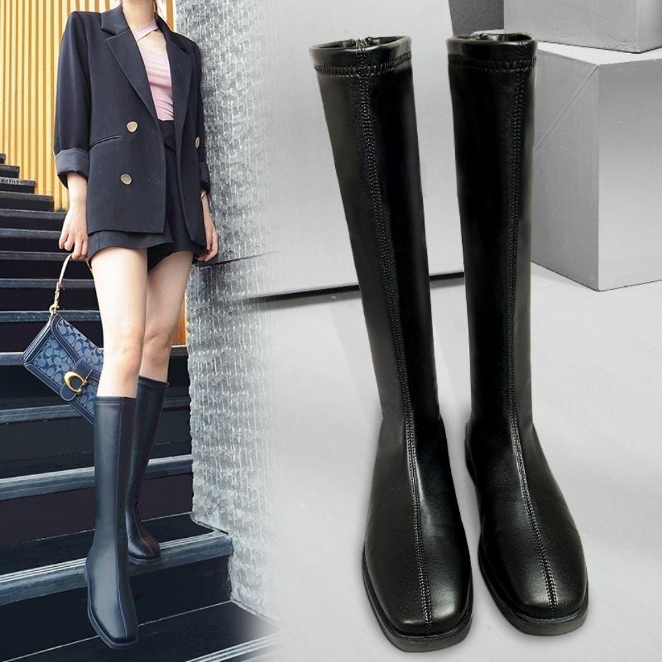 But knee boots thin boots flat elastic boots Internet celebrity square head high boots women 2025 autumn and winter new
