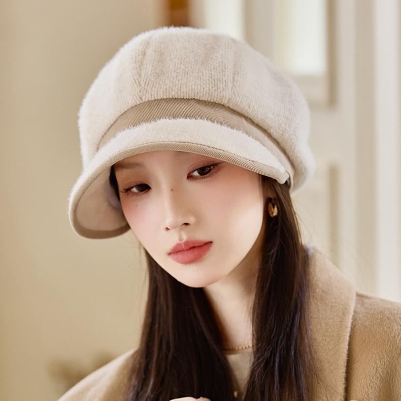 Autumn and Winter Hat Women's Velvet Duck Tongue Bucket Hat Fashion Octagonal Hat Beret