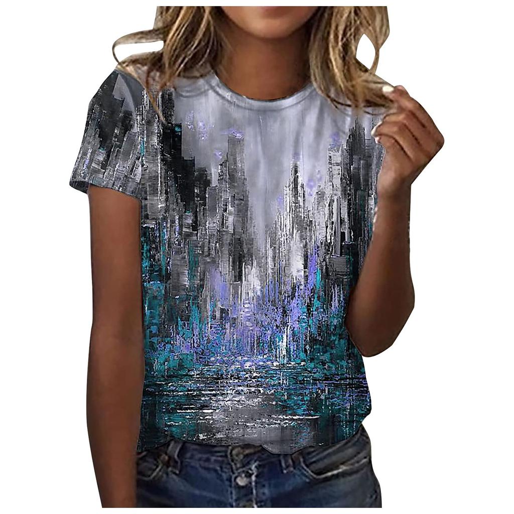 2026 New Summer Temperament Women's Sunrise Printed Women's T-shirt Round Neck Short Sleeve Street Casual Daily Basic Tops
