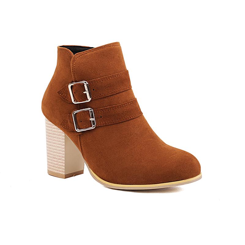 FOREADA Women Ankle Boots Round Toe Chunky High Heels Buckle Zipper Short Boots Concise Lady Fashion Shoes Winter Black Brown 43
