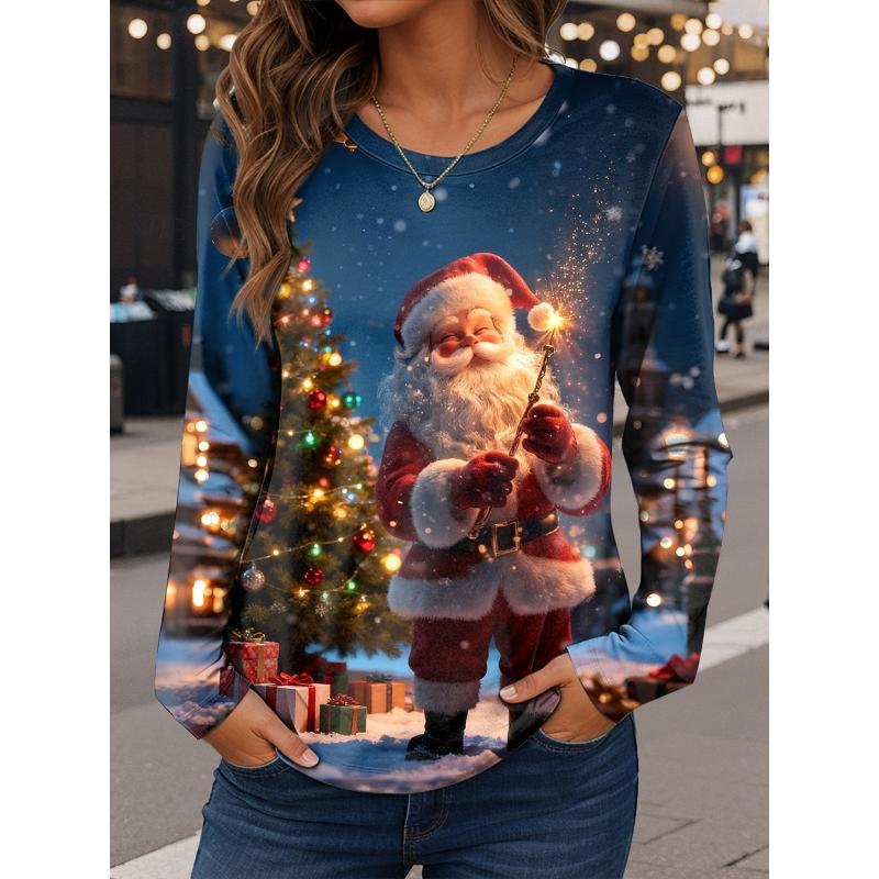 Christmas Women's T Shirt Graphic Santa Claus Vintage Fashion Stylish Long Sleeve Crew Neck Regular Tops Daily Weekend