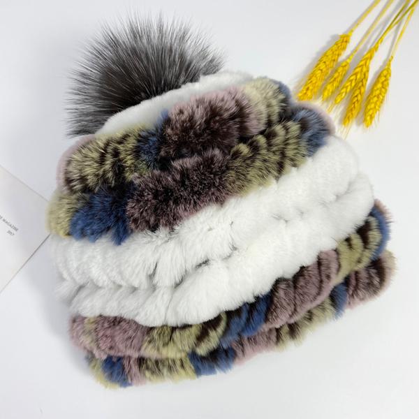 Heißer Kaninchen Fell Pompon Hüte Frauen Winter Flauschigen Warme Gestrickte Elastische Mützen Fuchs Echtpelz Stricken Hut Weiche Elastische Gestreiften Skullies