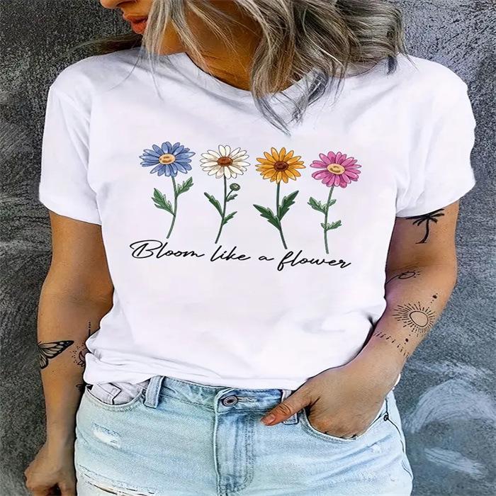 Summer Round Neck Printed Top Fashionable Casual Cute Short Sleeved Women's Pure Cotton T-shirts