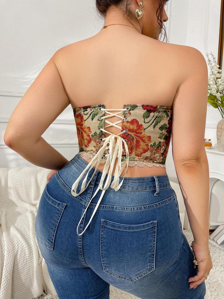 Plus Size Retro French Fishbone Corset: Sexy Lace-Up European & American Floral Bustier Top for Women