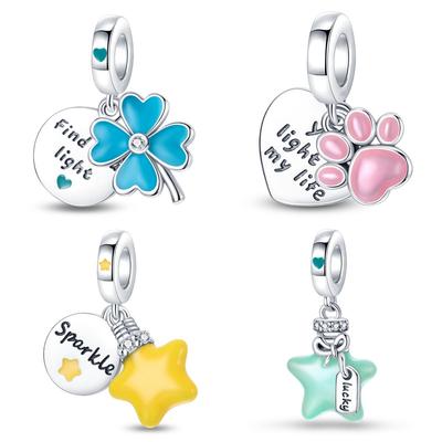 S925 Silver Glow In The Dark Four Leaf Clover Star Cat Paw Pendant 925 Silver DIY Bracelet Jewelry Charm Accessory