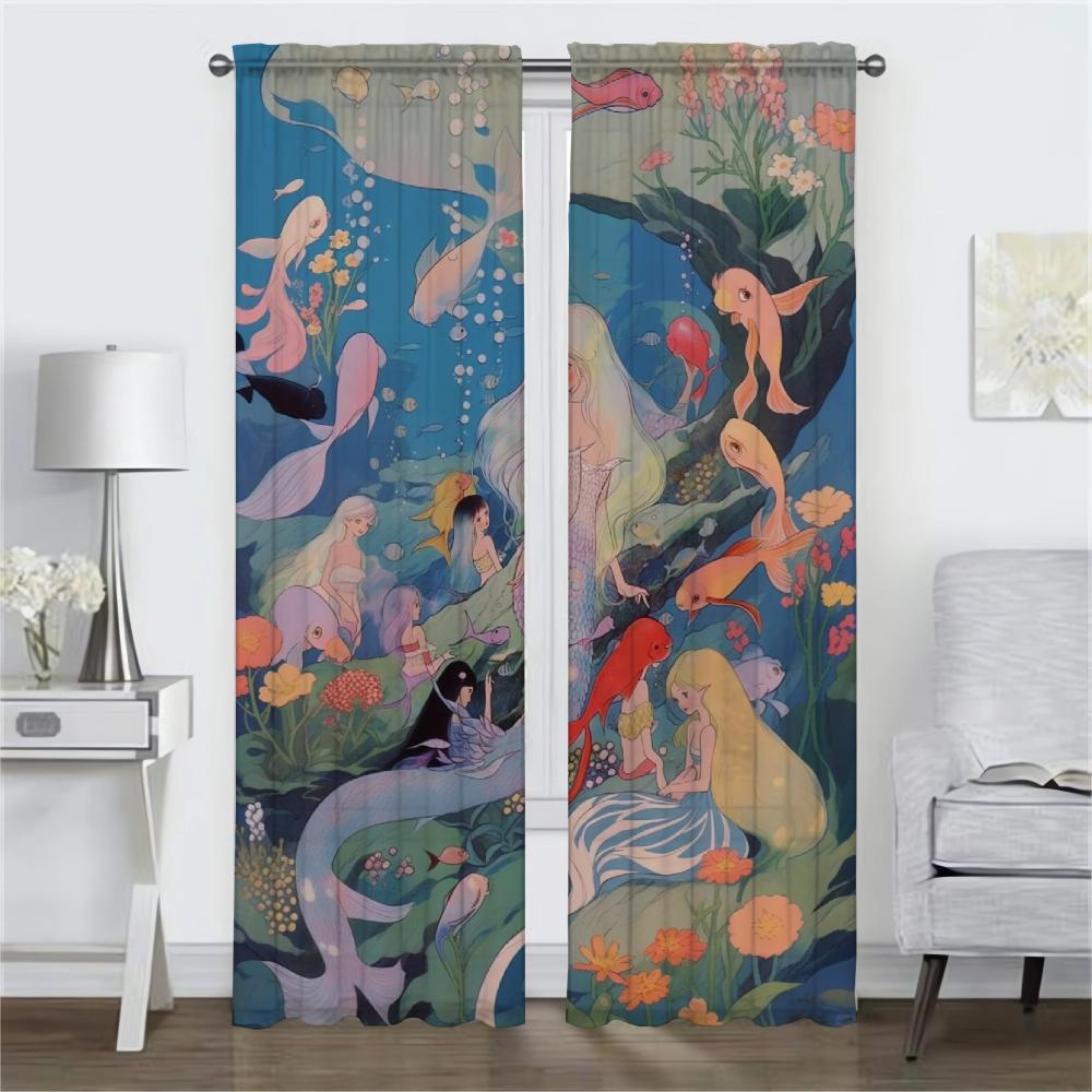 Mermaid Blackout Curtains for Living Room Home Interior Curtains 2 Pieces Window Curtain Tulle for Bedroom Halloween Decoration
