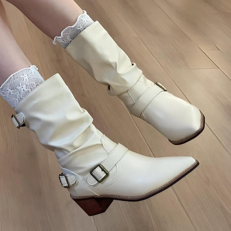 

Fashion Belt Buckle Block Follower Boots Women s Fashion Pointed Toe Sleeve Pleated Anti-Slip Wear-Resistant Medium Heel 42