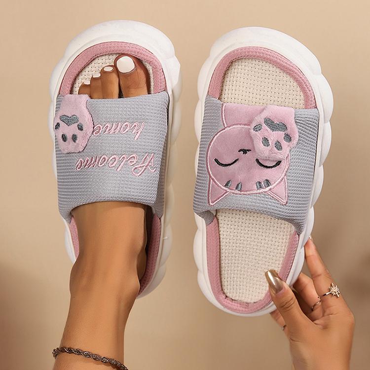Linen Casual Slippers Women House Platform Cute Cartoon Cat Designer Shoes Girls Flat Elegant Footwear Indoor Large Size