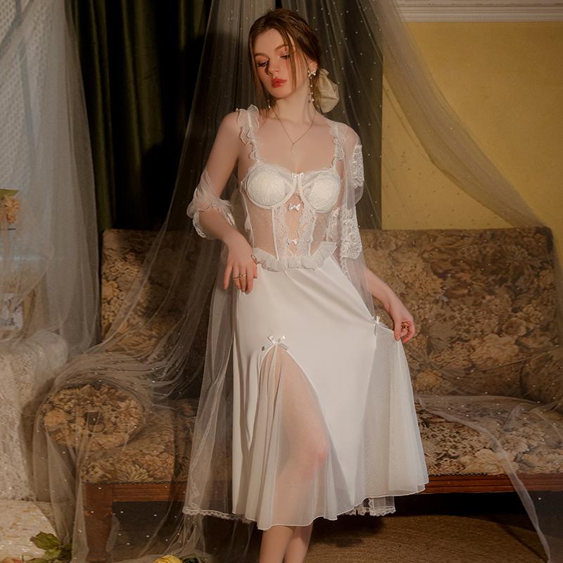 Lenjerie de corp de damă Toamnă Cămașă de noapte din satin și plasă cu cupă pentru piept Culoare uni Până la jumătatea gambei Set halat cu bretele