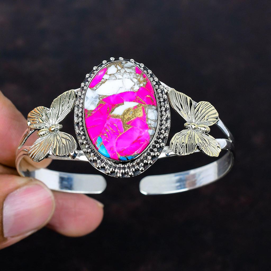 Cotton candy turquoise cuff bracelet gemstone jewelry 18k gold plated butterfly bangle 925 sterling silver adjustable bangle handmade bangle