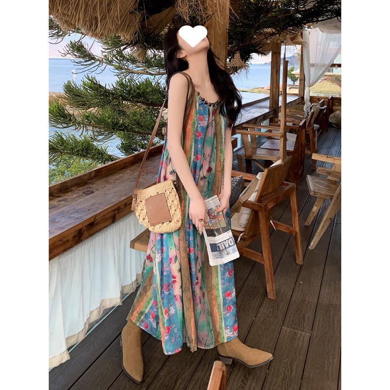 Seaside Vacation Floral Suspender Dress Women's New Retro Bohemian Ethnic Style Beautiful Medium and Long Dress