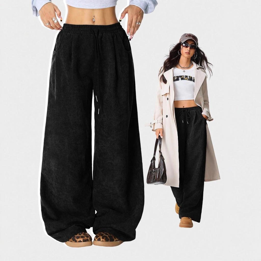 Women's Corduroy Wide Leg Pants with Drawstring Waist Casual Loose High Waist Trousers