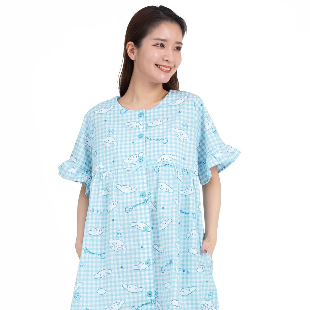 SAZAC Cinnamoroll Cotton Gingham Cinnamoroll Dress/Nightgown, 100% Broadcloth, Women's, Button-Front Loungewear, (Mint/M-L/SAN1781)