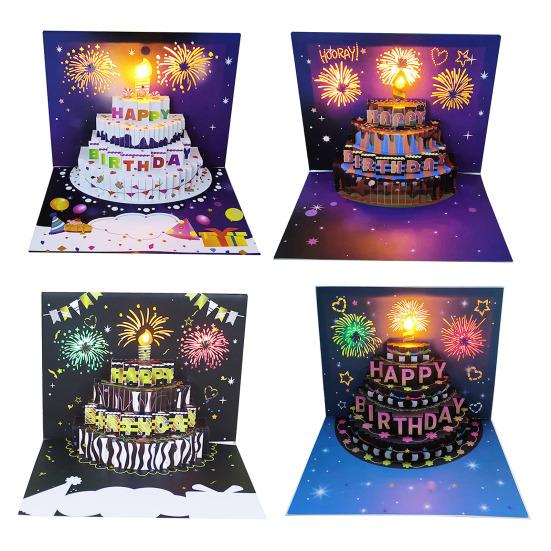 כרטיס יום הולדת תלת מימדי מתעופף מוזיקה קלה יום הולדת שמח כרטיס ברכה זוהר עם עיצוב עוגה כרטיס יום הולדת אינטראקטיבי