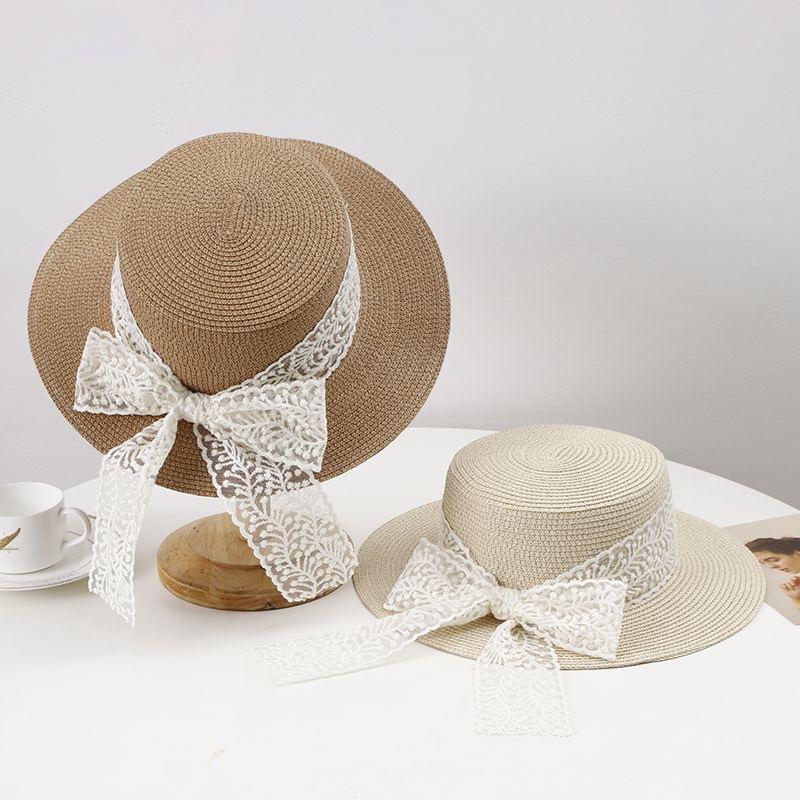 Bow lace strap hat women's outdoor travel flat top straw hat sunshade travel sunscreen big brim top hat