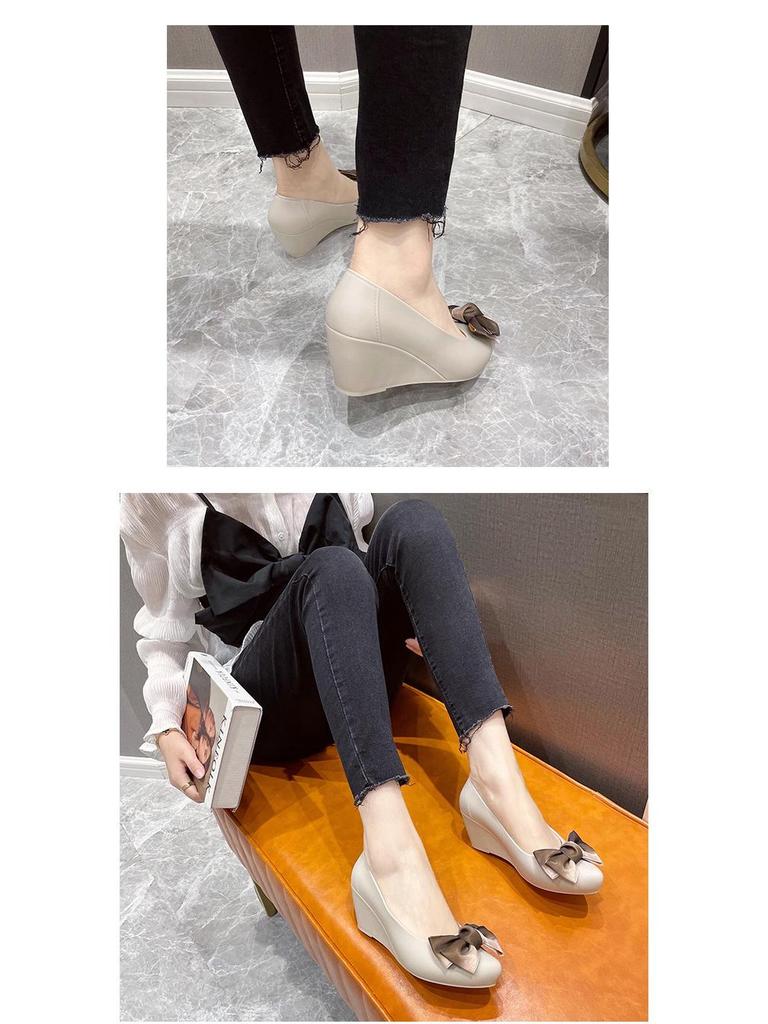 2022 Autumn Bow-Accented Pointed Toe Soft Wedge Heel Shoes