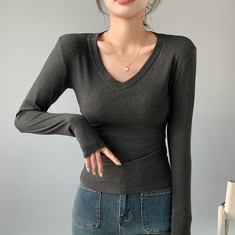 55 Love Collar Bottoming Shirt Inside and Outside, Design Sense White T-shirt Front Shoulder V-neck Autumn New