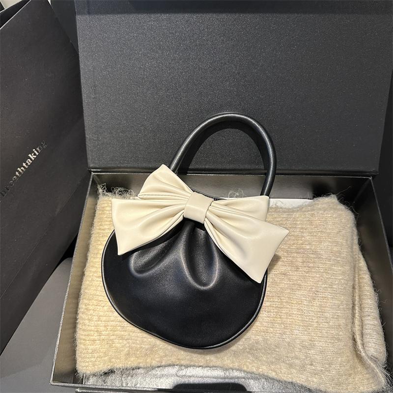 

Cute Bowknot Round Top-handle Bags For Women Pleated Mini Clutch Purse Soft PU Leather Ctrast Color Designer Handbags Luxury 20x18x1cm чёрный