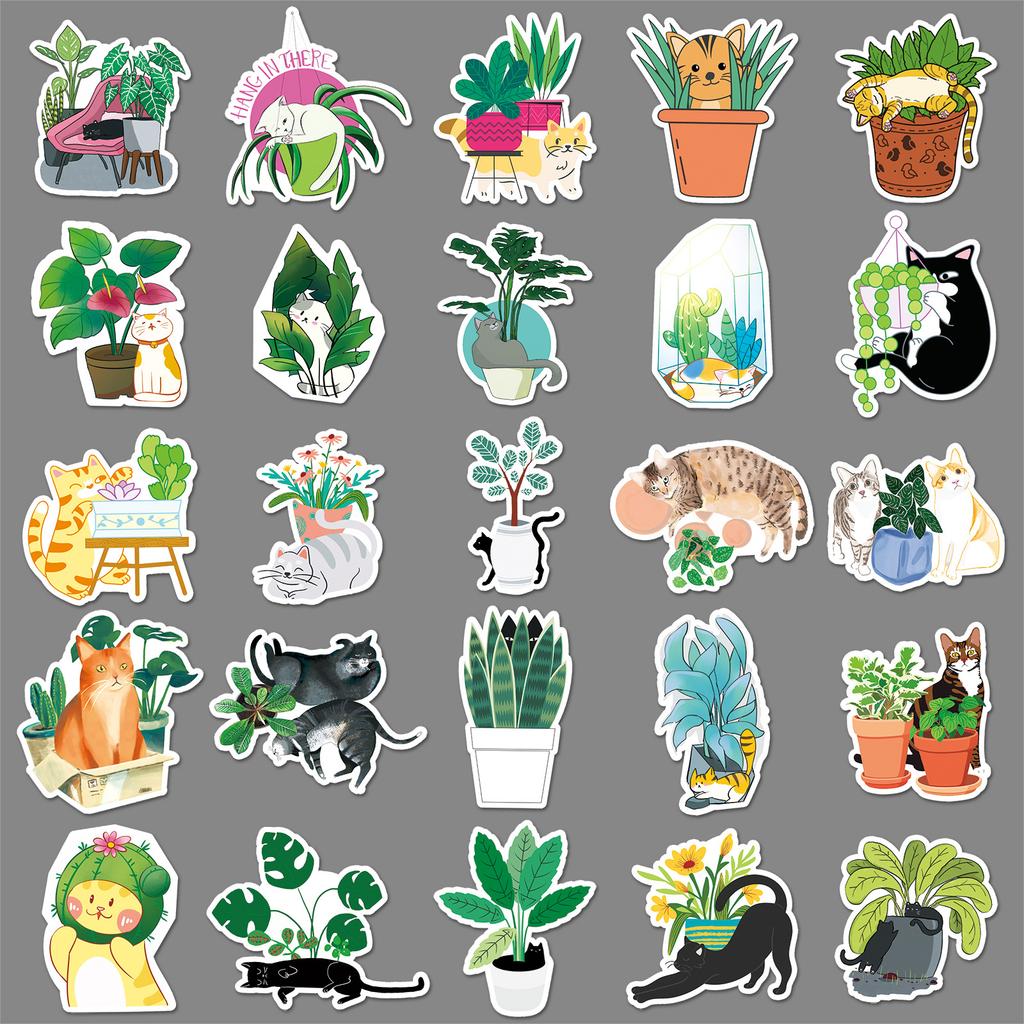 50 Cats and Plants Doodles Personalized Small Fresh Plants Children's DIY Water Cup Suitcase Stickers Waterproof