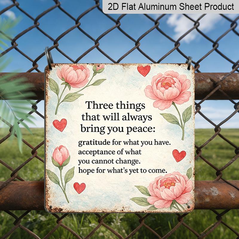 2D Flat - 1pc Vintage Floral Inspirational Quote Aluminum Hanging Plaque, Pink Peony Heart Positive Peace Text Metal Wall Sign, Retro Weathered Wall 20*20cm