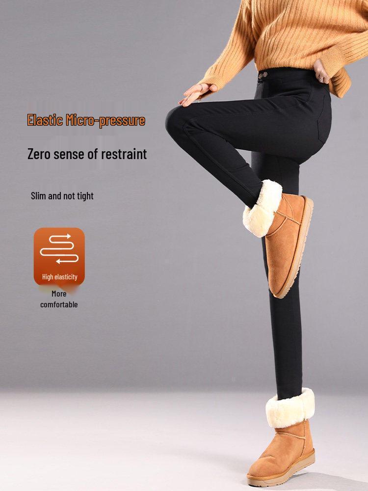 Women's Slimming Lambswool Pencil Pants, Plus Velvet Thickening, Elastic Autumn/Winter Base Layer In Black