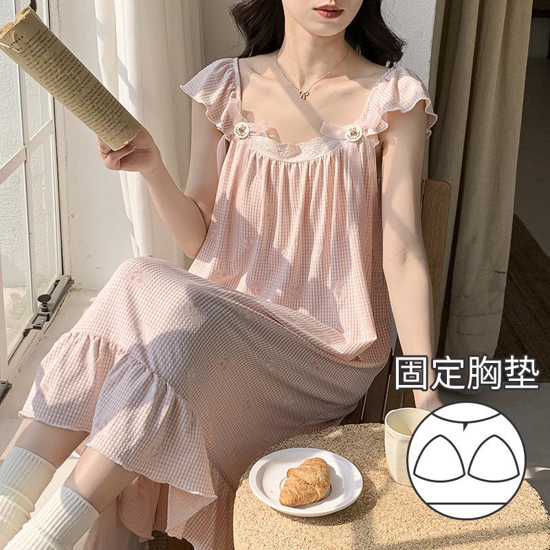 

Summer new nightgown women s ice cotton small flying sleeves thin sweet wind pajamas with chest pads can be worn outside loungewear M