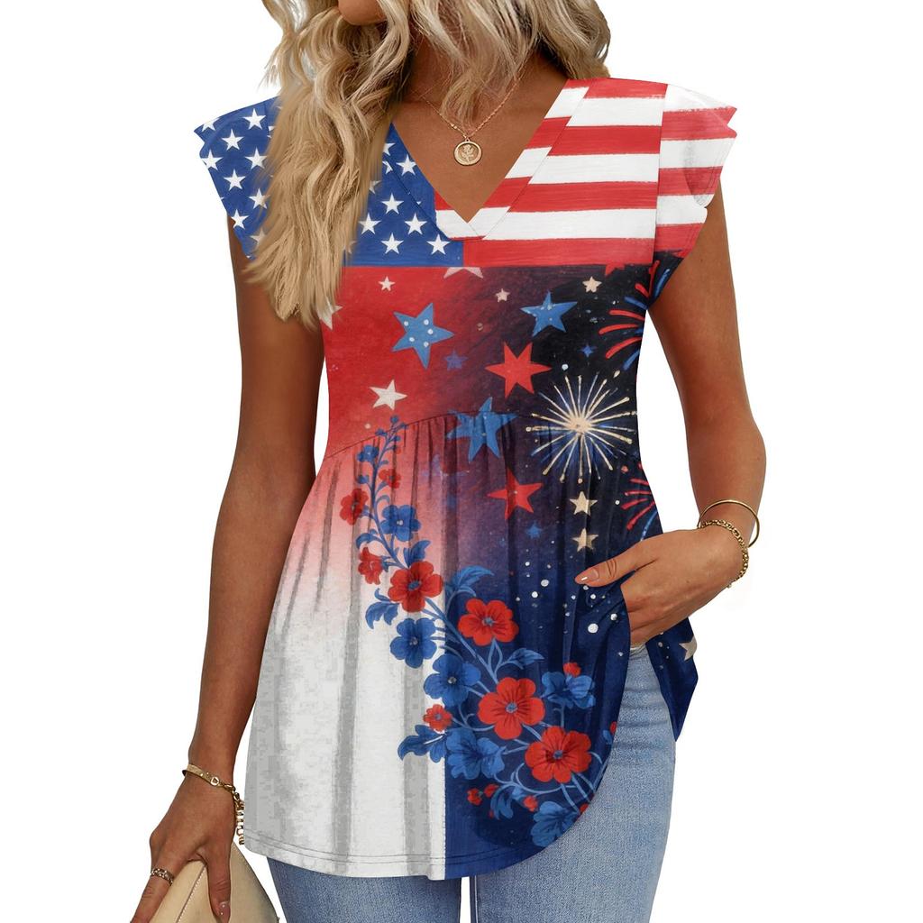 Hauts pour femmes T-shirt à manches courtes tendance col en V manches à volants Blouses professionnelles