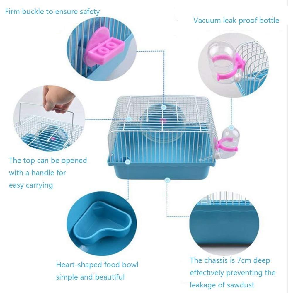 Pet Hamster Cage with Running Wheel Water Bottle Food Portable Carrier House Mice Home Habitat for Going Out, Traveling (Pink)