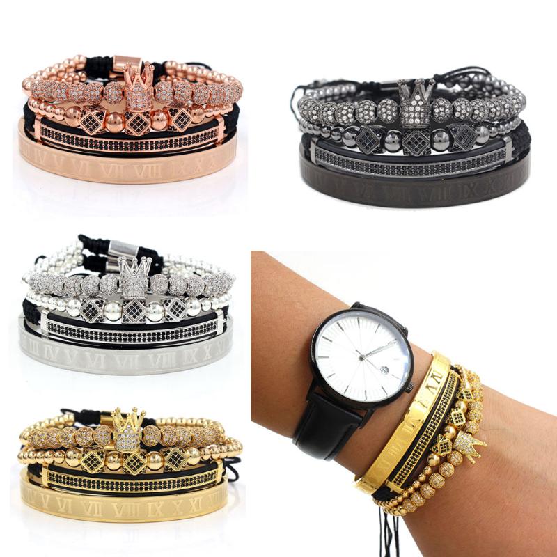 4 SZT. Luksusowa Bransoletka z Zawieszkami z Cyframi Rzymskimi, Bransoletka Królewska z Koroną, Zestaw Bransoletek z Cyrkoniami CZ, Biżuteria dla Mężczyzn i Kobiet