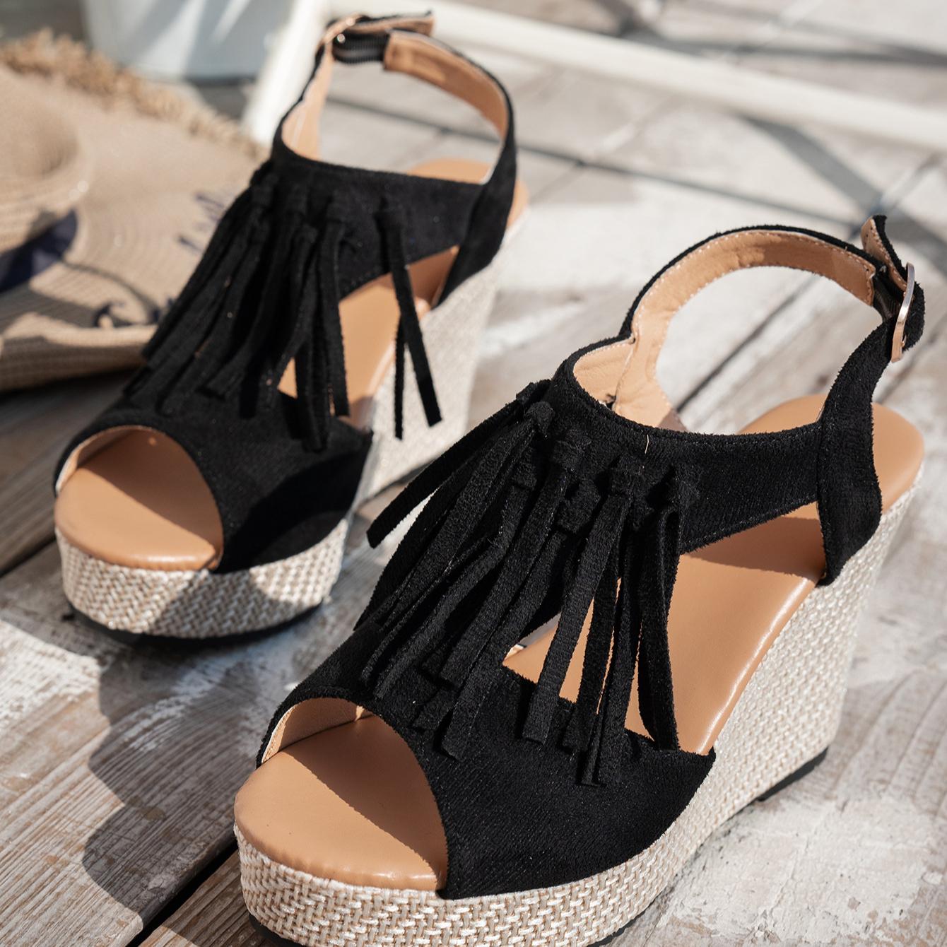

Женские босоножки на танкетке на платформе, стильные босоножки с открытым носком и ремешками на щиколотке, женские легкие, удобные, повседневные, модные туфли для женщин 36 чёрный