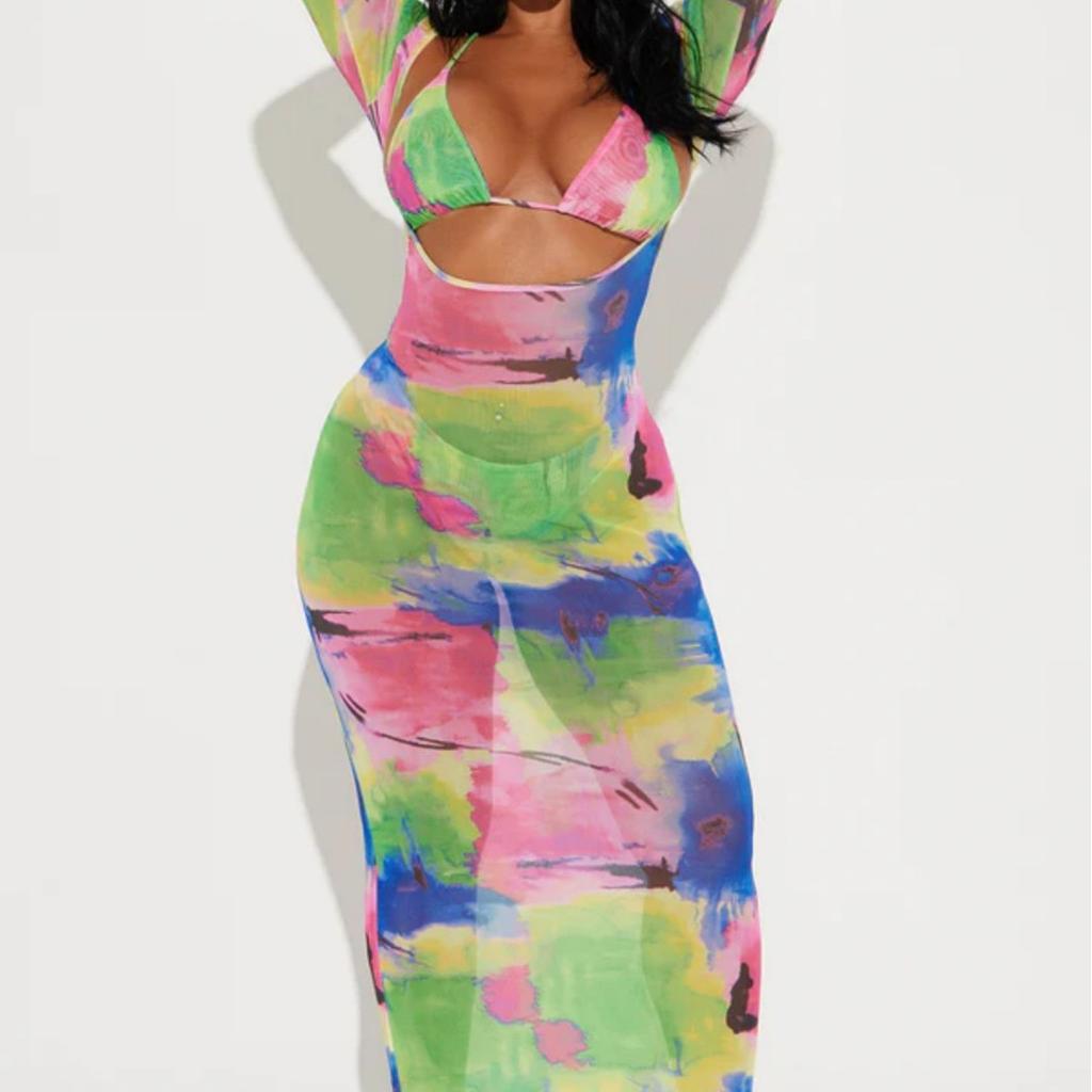 Women's Swimsuit Long Sleeve Tie Dye Three Piece Sexy Halter Neck Bikini Split Suit Beach Wear