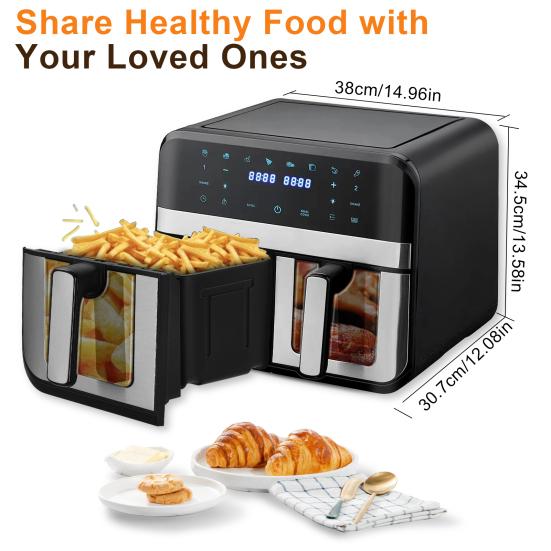 Friteuses à air chaud double zone avec fenêtre de visualisation Capacité 9L Double friteuse à air 2 tiroirs Écran tactile Fonction minuteur intelligent (EU Plug)
