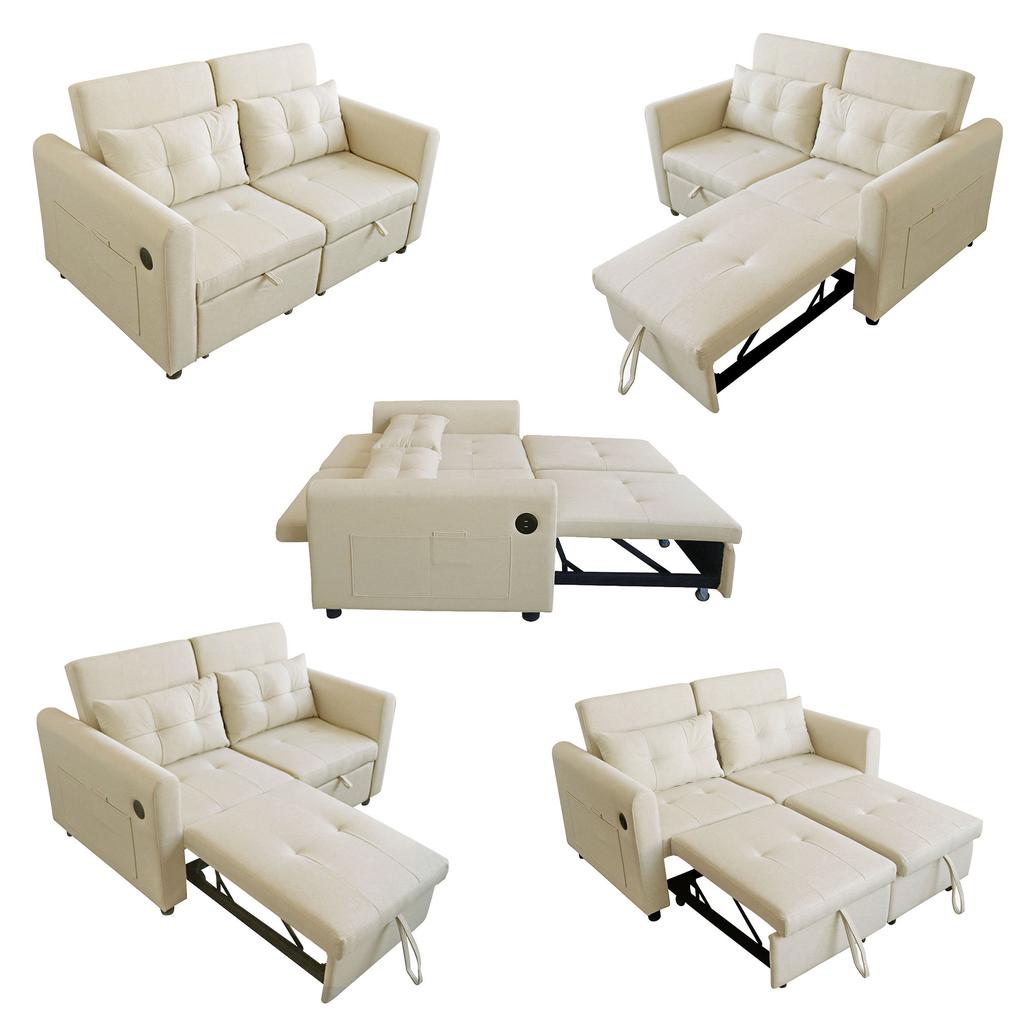 Design moderno: Divanetto 3-in-1 Divano Estraibile con Schienale Regolabile, USB, Tasche sui Braccioli e Cuscini. Adatto per Soggiorno, Camera da Letto, Appartamento