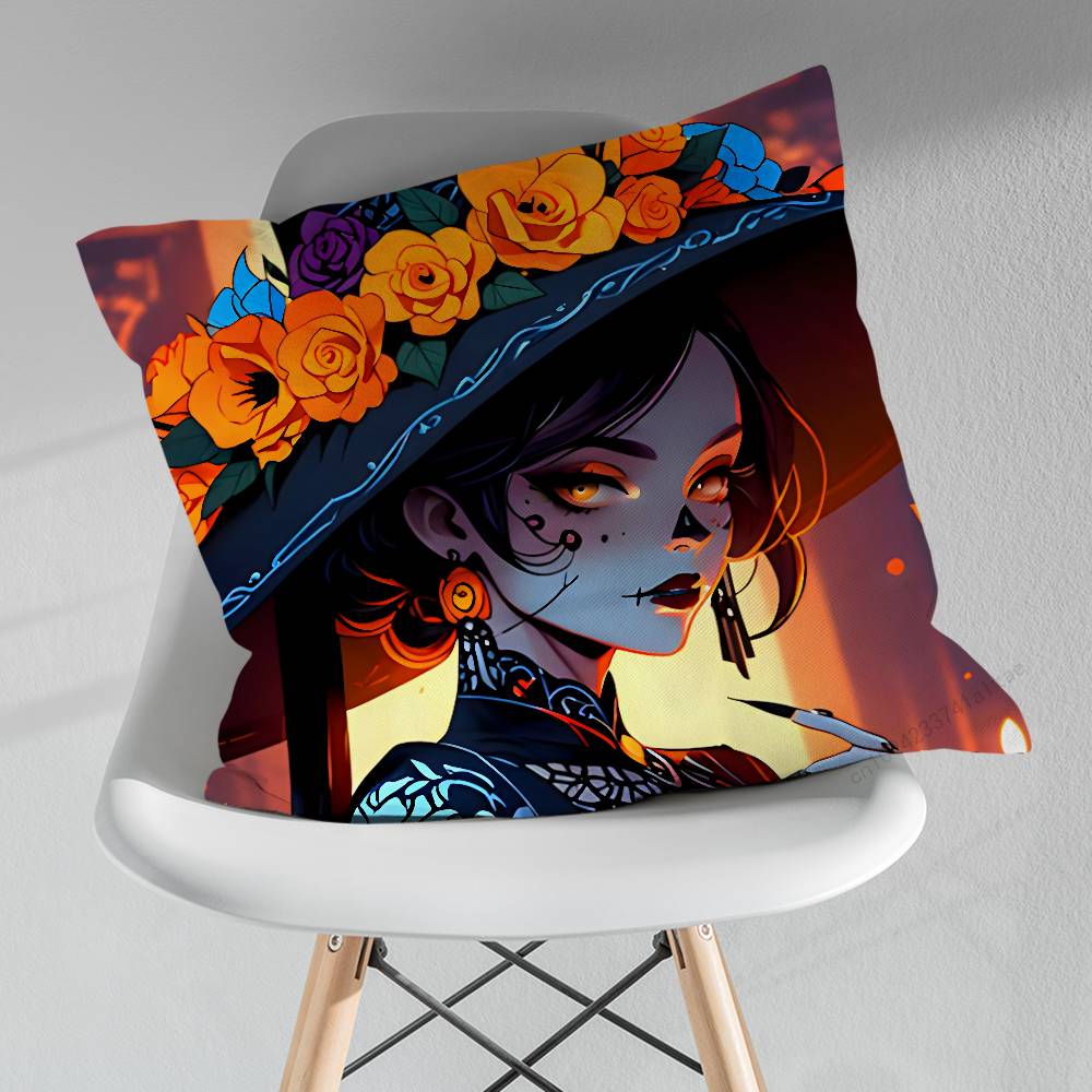 Cartoon Skull Girl Catrina Pillow Case For 30x30cm45x45cm55x55cm For Home Bedroom Decoration And Protector