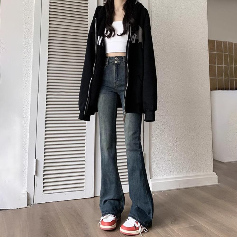 

Весенне-осенние новые джинсы микро-клеш на двойной пуговице в корейском стиле, с высокой посадкой, облегающие и стройнящие. XL