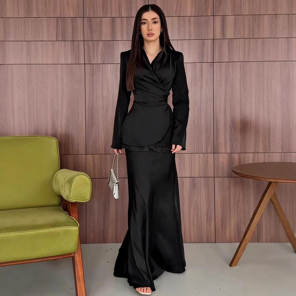 autumn new European and American Amazon cross-border V-neck temperament solid color long skirt long coat two-piece set