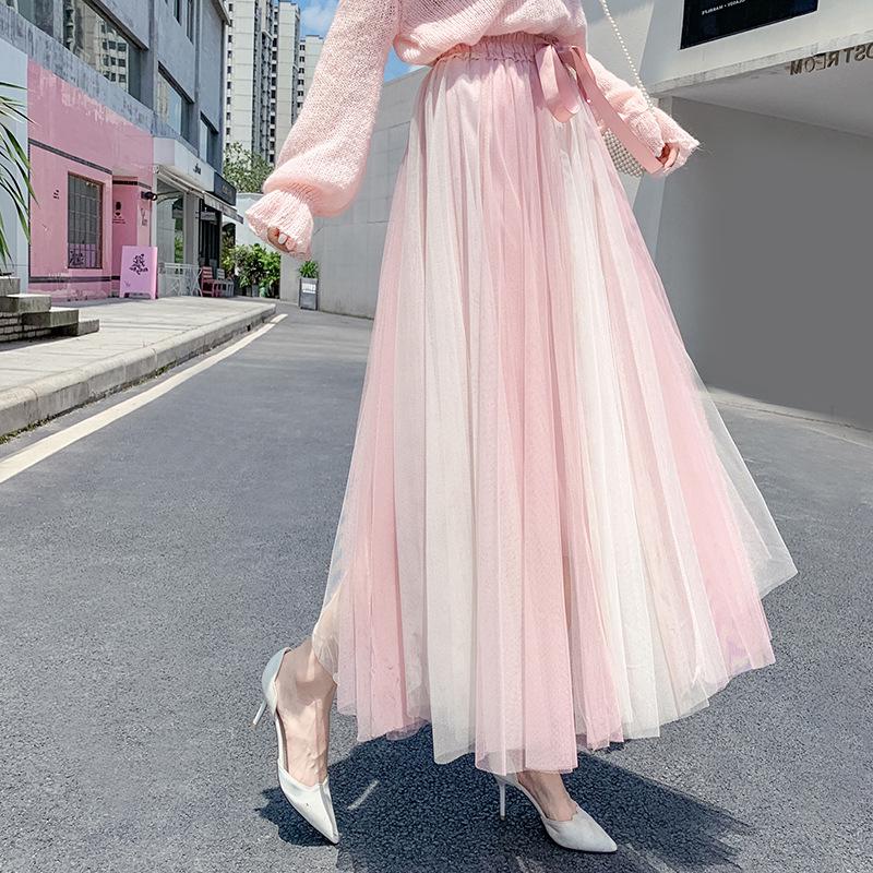 2024 Color-Block Mesh Dress - Gentle, Korean-Style, Four-Season Long Skirt