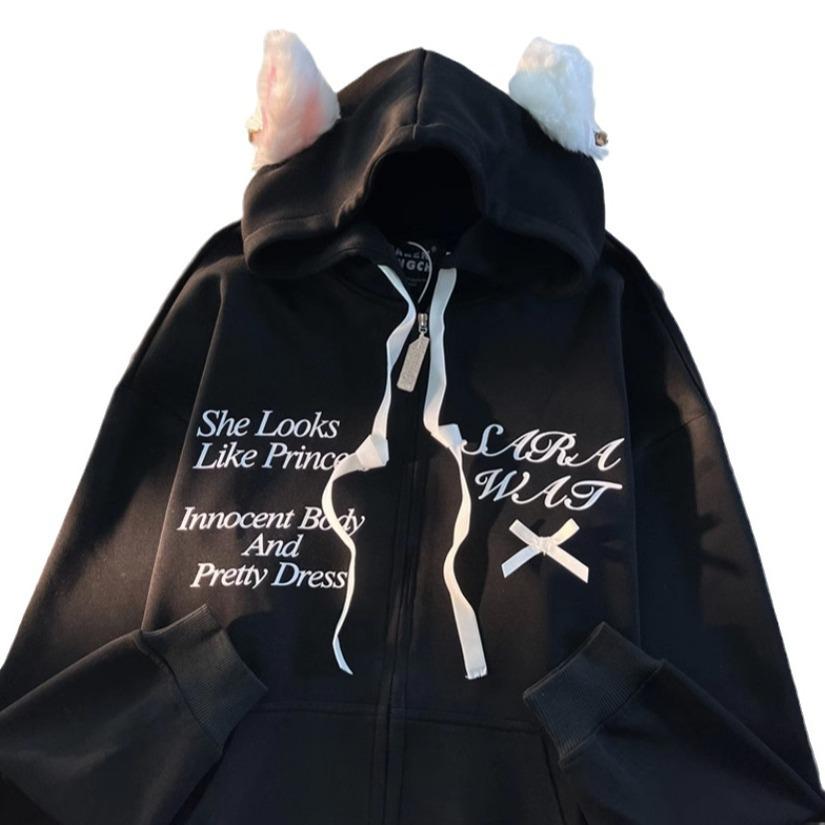American sweet and cool wind cat ears hooded sweater women's spring and autumn 2025 design sense niche lazy chic couple coat