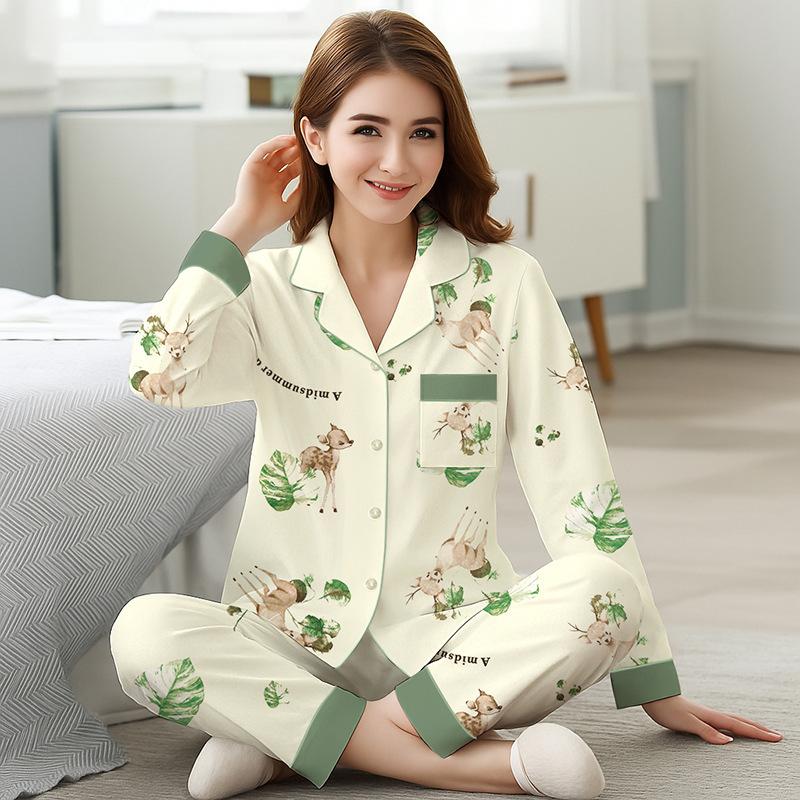 Baumwollimitat Pyjama Damen Frühling und Herbst Damen Mutter Herbst Übergröße Loungewear Langarm Hosen Set