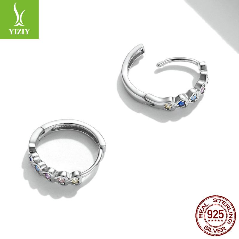Rainbow Heart Ring Earrings Set, Korean Edition Of Fashion Colorful Zircon Platinum Plated Jewelry