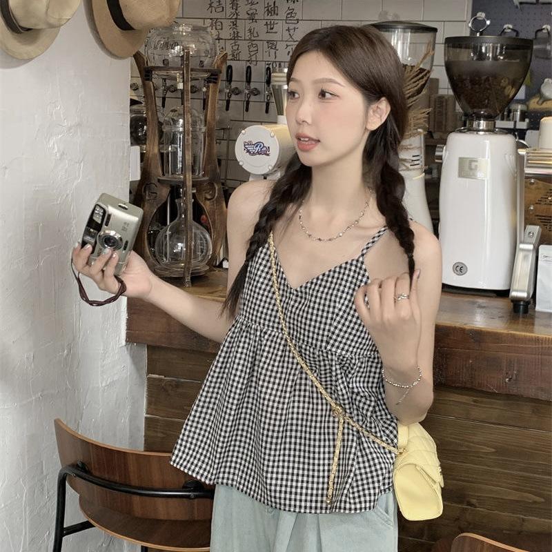 French chic small vest suspender women's summer new small wear design sense retro plaid versatile top