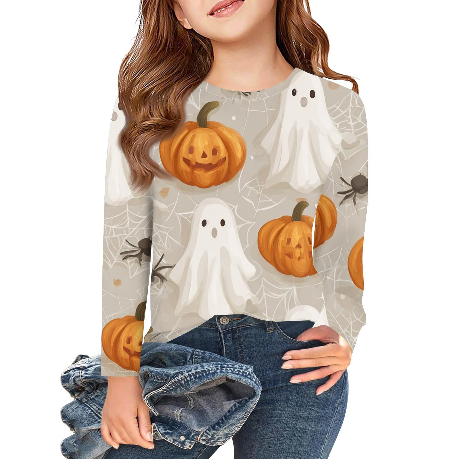 

Футболки с длинным рукавом для девочек, детские осенние топы, круглый вырез, с принтом на Хэллоуин, базовые футболки 3-9 лет 130