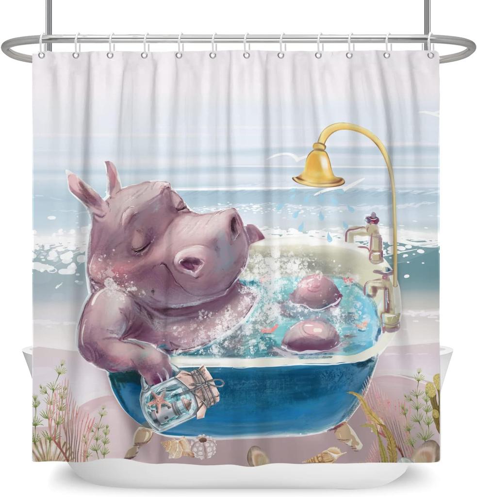 Charming Hippo Fun Shower Curtain Cartoon Animal Coast Landscape Bathroom Decorative Shower Curtain With Hook 180X180Cm