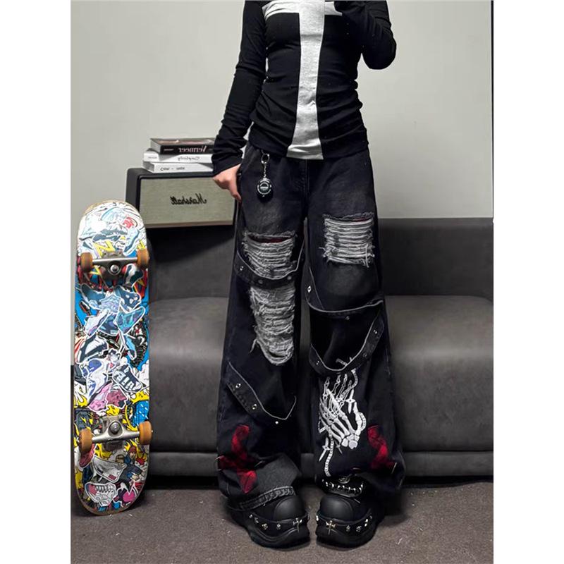 Distressed Women s Wide-Leg Jeans - Punk Rock Vintage Wash S