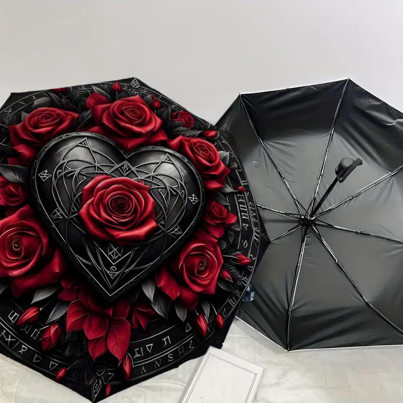 1pc Gothic Heart Roses Emblem Umbrella with Plastic Handle,Suitable for All Seasons Home Travel Outdoor UmbrellaDD1172