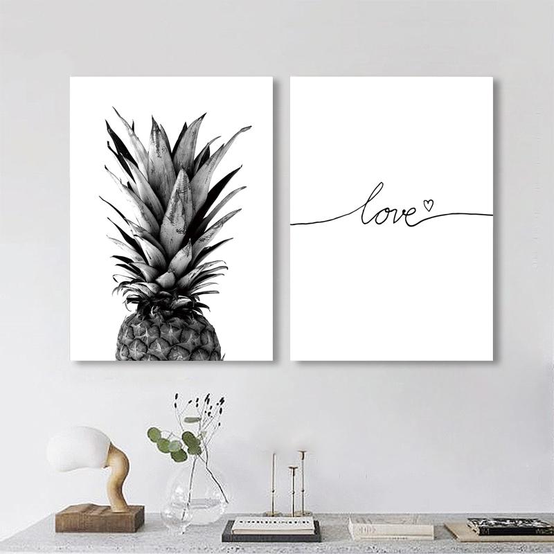 Black and White Plant Canvas Wall Art Poster Pineapple Love Quote Modern Paintings Prints Fashion Pictures for Living Room Decor