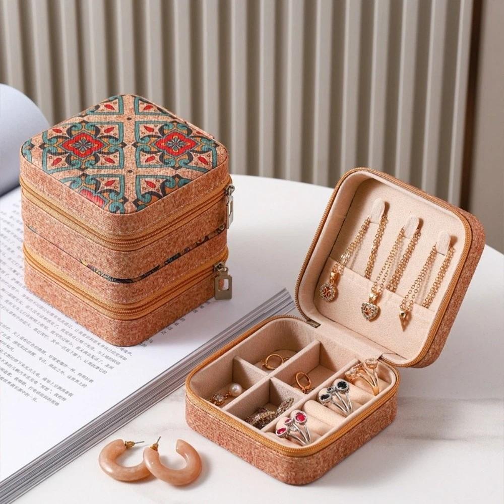 Printed Portable Necklaces Storage Box Portable Retro Rings Case Durable Travel Jewelry Box Travel