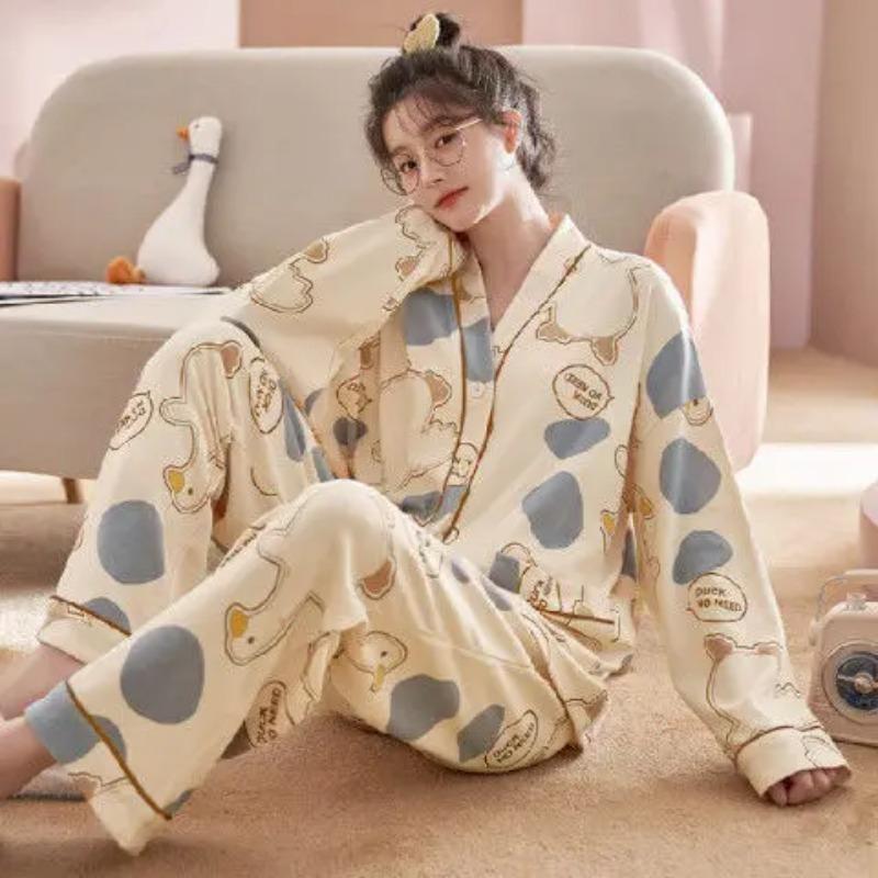 

Пижамы для девочек из чистого хлопка на весну и осень, новые женские пижамы с длинными рукавами, удобные и мягкие, комплект домашней одежды XL